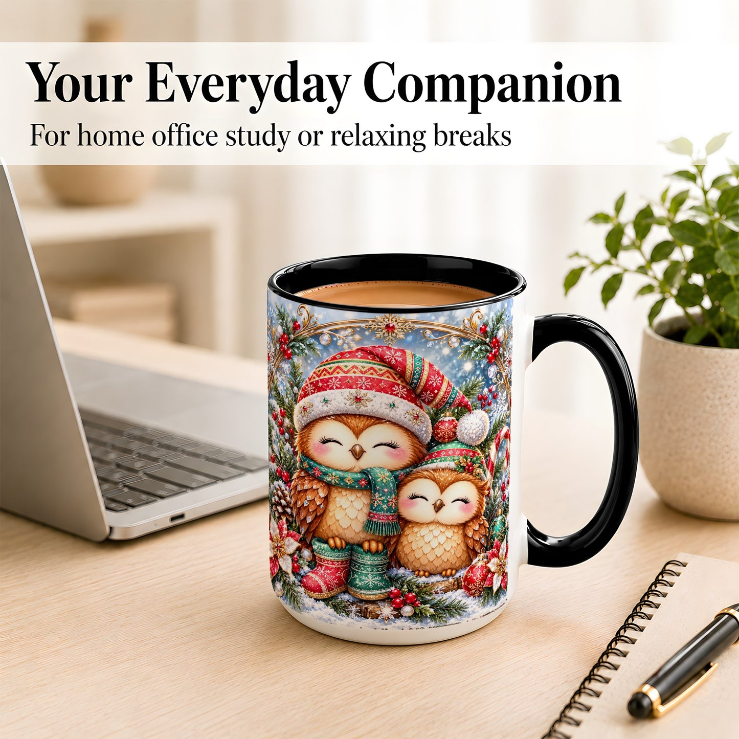 #pl[15oz|Black] Christmas Owl Pair Coffee Mug, Festive Owl Mug, Ceramic Cup