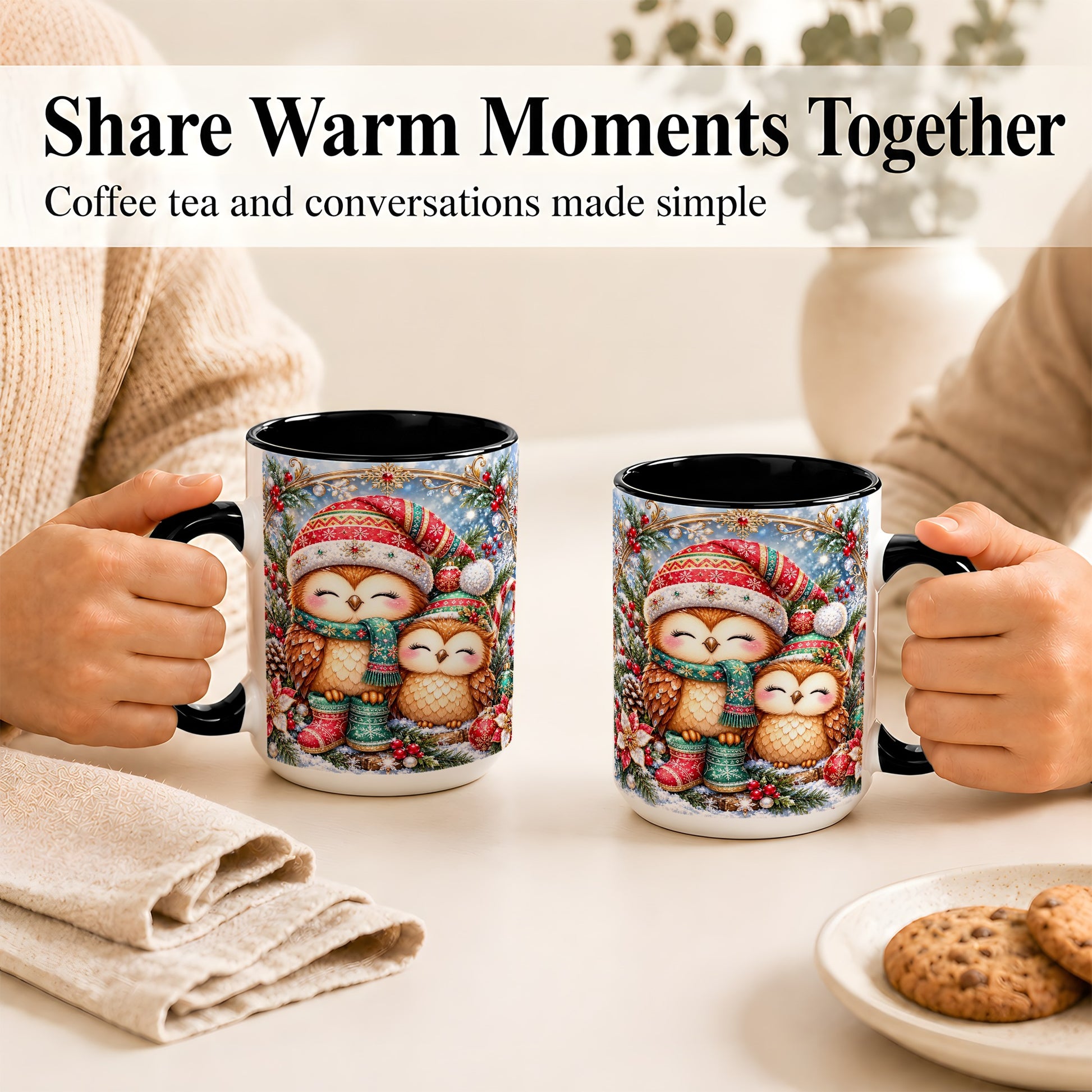 #pl[15oz|Black] Christmas Owl Pair Coffee Mug, Festive Owl Mug, Ceramic Cup