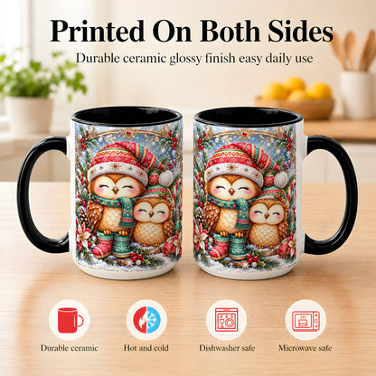 #pl[15oz|Black] Christmas Owl Pair Coffee Mug, Festive Owl Mug, Ceramic Cup