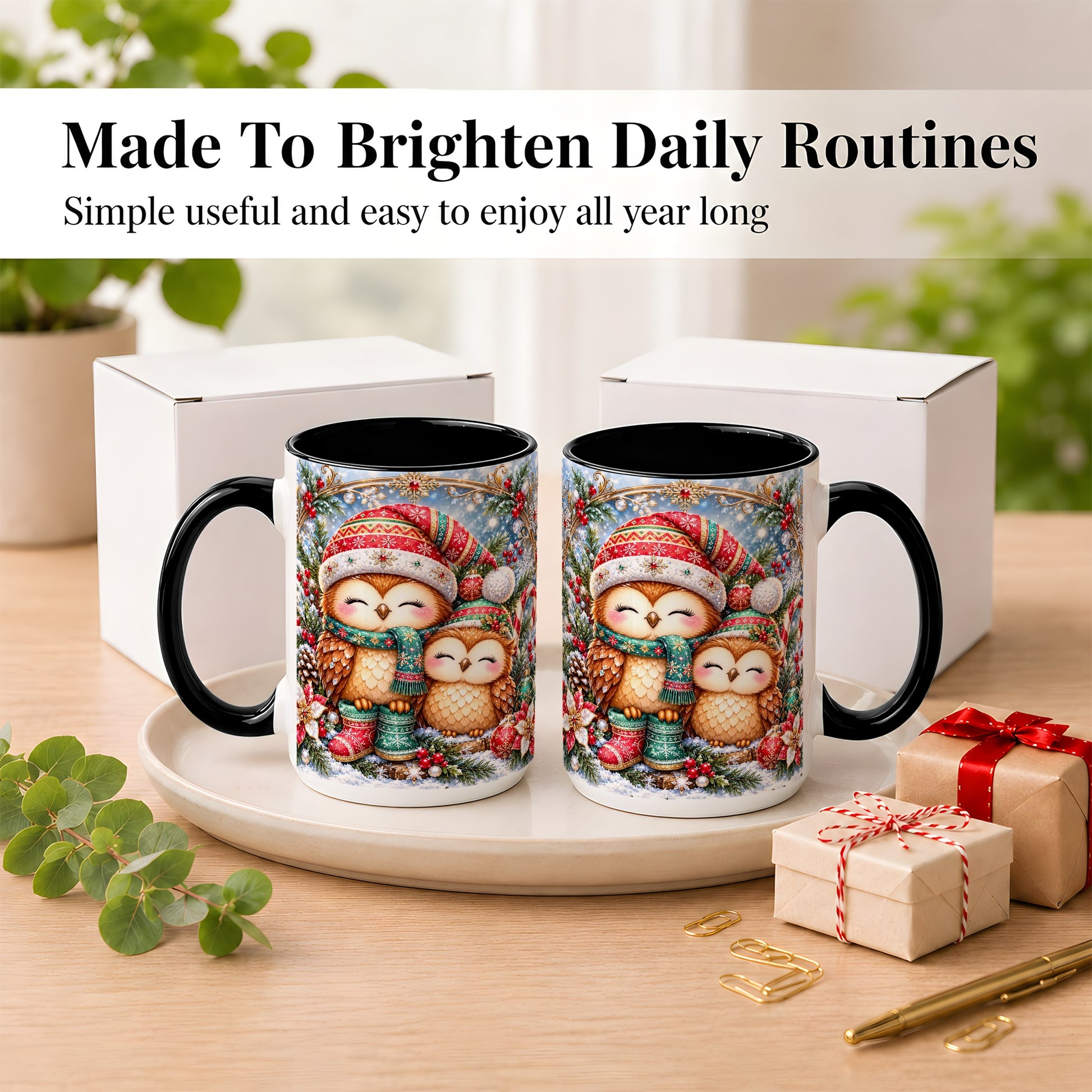 #pl[15oz|Black] Christmas Owl Pair Coffee Mug, Festive Owl Mug, Ceramic Cup