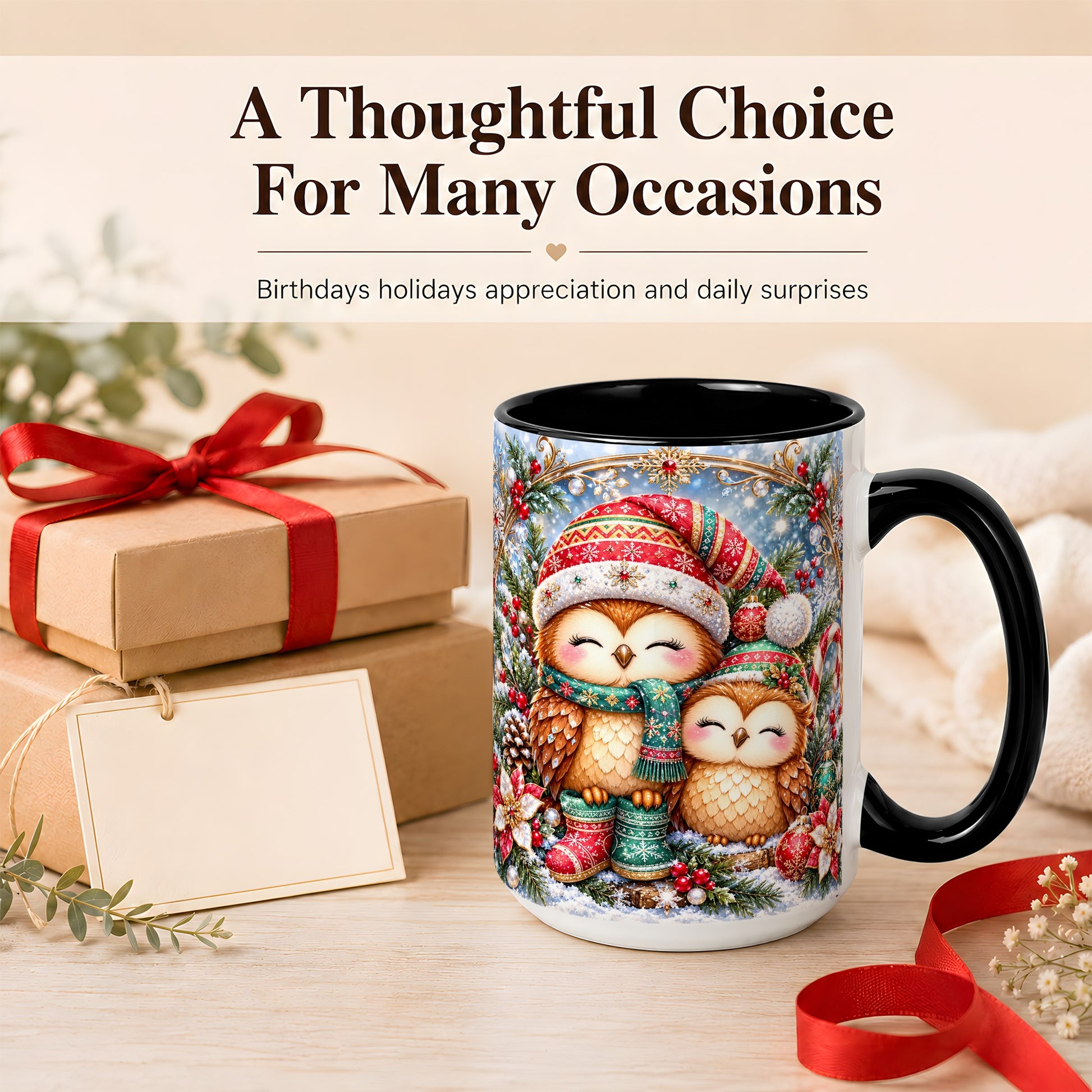 #pl[15oz|Black] Christmas Owl Pair Coffee Mug, Festive Owl Mug, Ceramic Cup