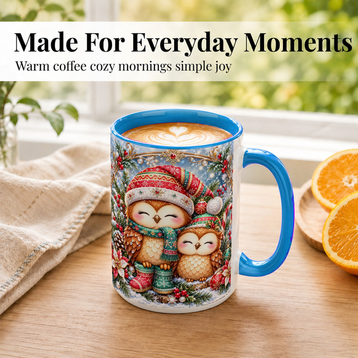 #pl[15oz|Blue] Christmas Owl Pair Coffee Mug, Festive Owl Mug, Ceramic Cup