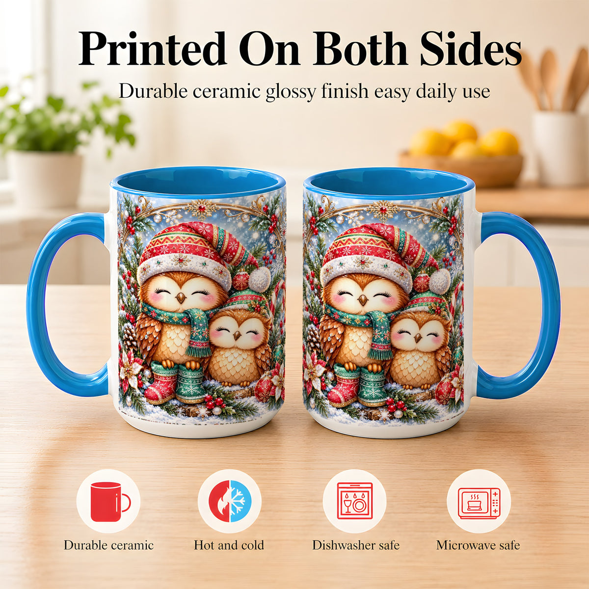 #pl[15oz|Blue] Christmas Owl Pair Coffee Mug, Festive Owl Mug, Ceramic Cup