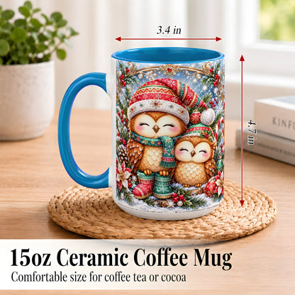 #pl[15oz|Blue] Christmas Owl Pair Coffee Mug, Festive Owl Mug, Ceramic Cup