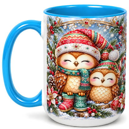 #pl[15oz|Blue] Christmas Owl Pair Coffee Mug, Festive Owl Mug, Ceramic Cup