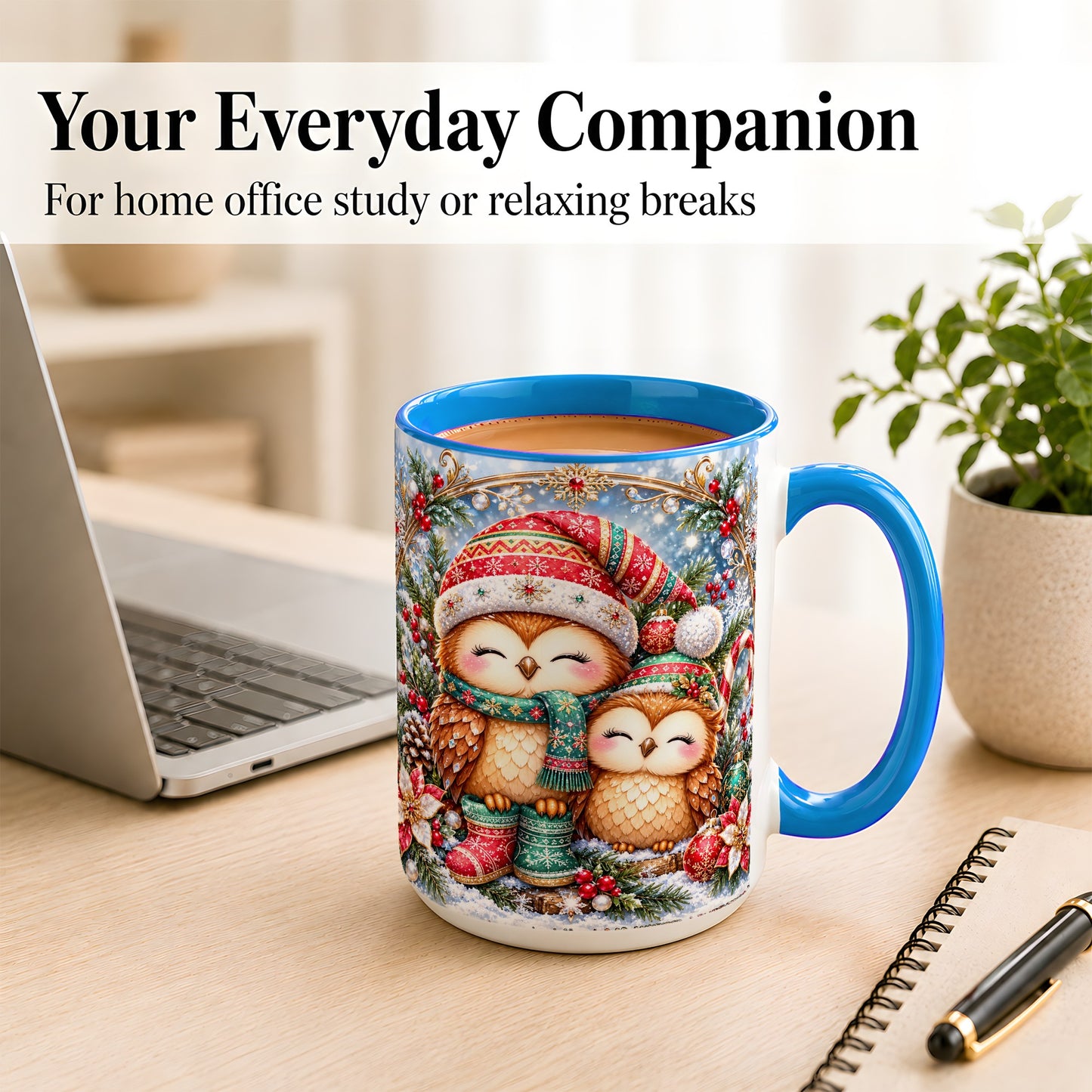 #pl[15oz|Blue] Christmas Owl Pair Coffee Mug, Festive Owl Mug, Ceramic Cup
