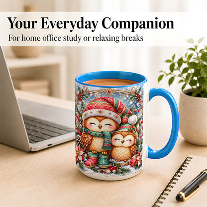 #pl[15oz|Blue] Christmas Owl Pair Coffee Mug, Festive Owl Mug, Ceramic Cup