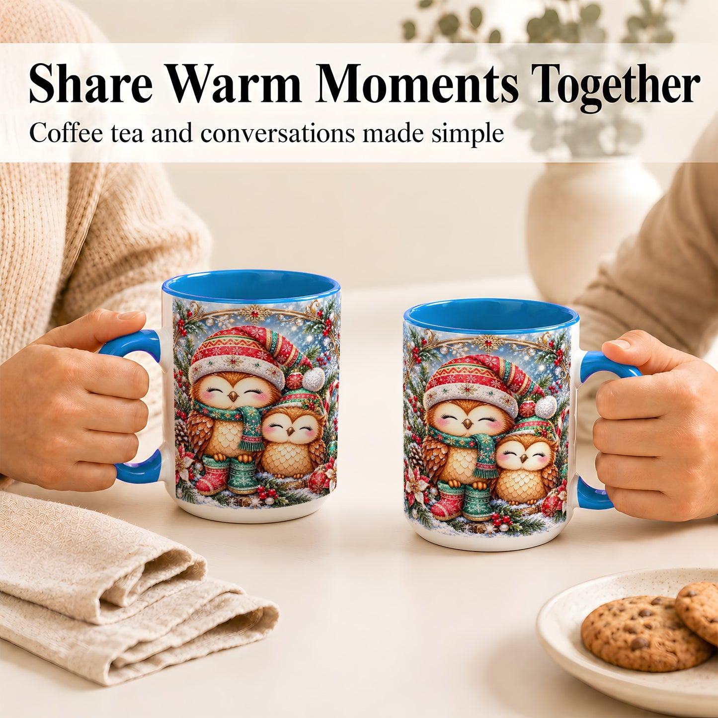 #pl[15oz|Blue] Christmas Owl Pair Coffee Mug, Festive Owl Mug, Ceramic Cup