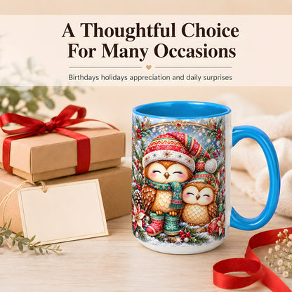 #pl[15oz|Blue] Christmas Owl Pair Coffee Mug, Festive Owl Mug, Ceramic Cup