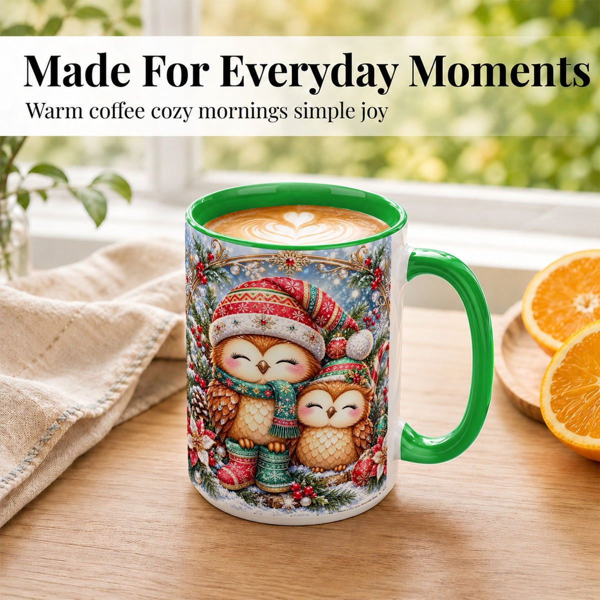 #pl[15oz|Green] Christmas Owl Pair Coffee Mug, Festive Owl Mug, Ceramic Cup