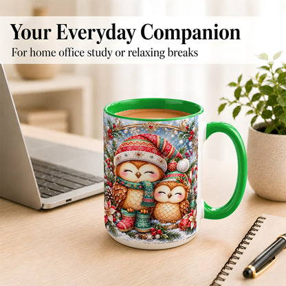 #pl[15oz|Green] Christmas Owl Pair Coffee Mug, Festive Owl Mug, Ceramic Cup