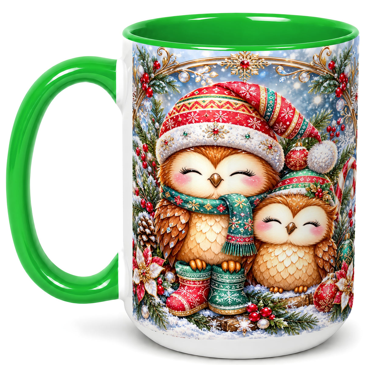 #pl[15oz|Green] Christmas Owl Pair Coffee Mug, Festive Owl Mug, Ceramic Cup