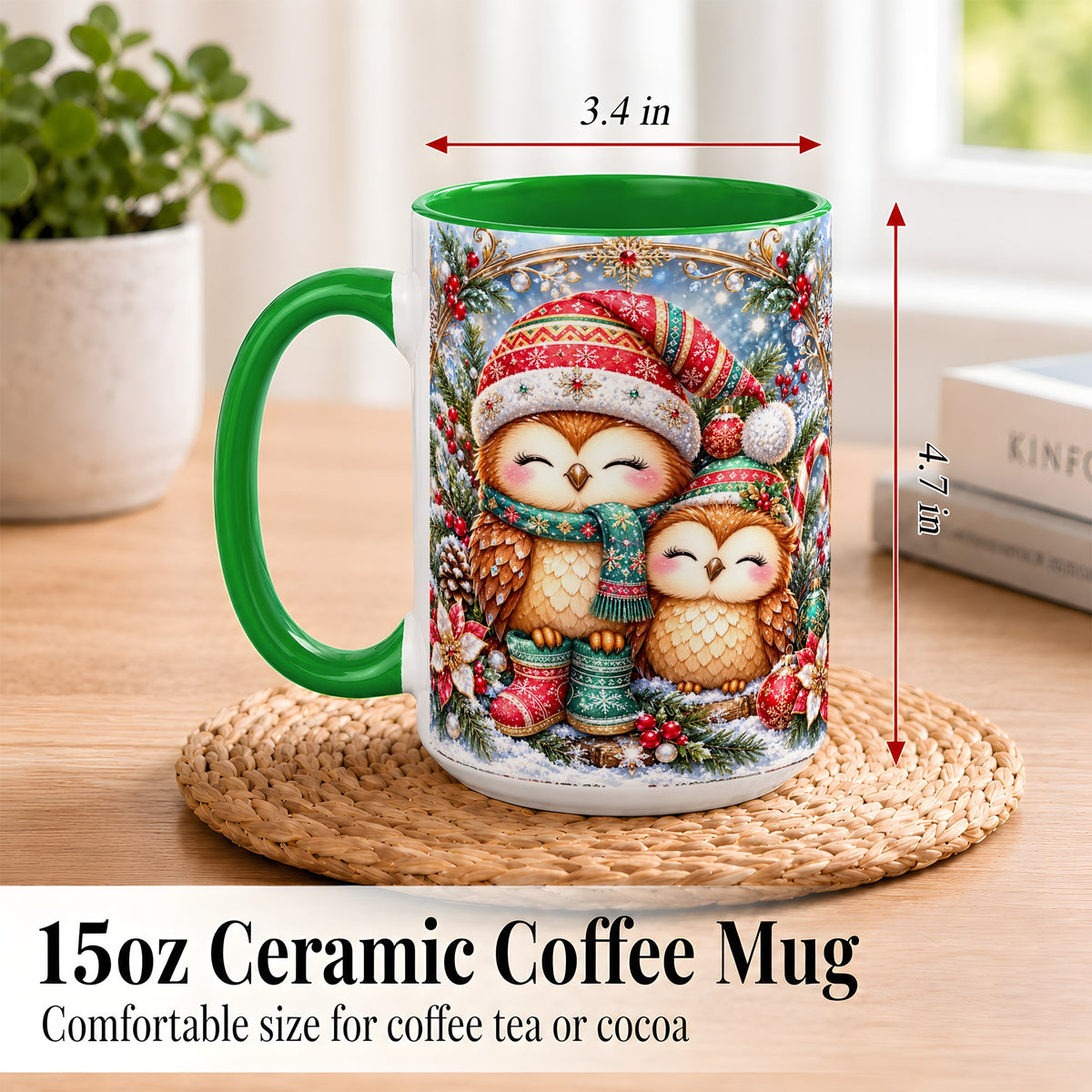 #pl[15oz|Green] Christmas Owl Pair Coffee Mug, Festive Owl Mug, Ceramic Cup
