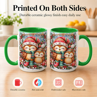 #pl[15oz|Green] Christmas Owl Pair Coffee Mug, Festive Owl Mug, Ceramic Cup