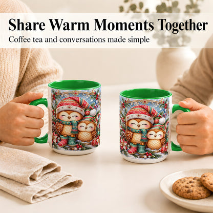#pl[15oz|Green] Christmas Owl Pair Coffee Mug, Festive Owl Mug, Ceramic Cup