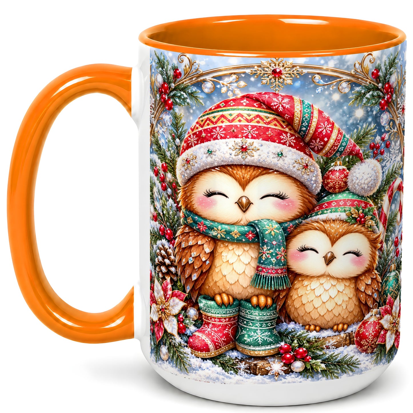 #pl[15oz|Orange] Christmas Owl Pair Coffee Mug, Festive Owl Mug, Ceramic Cup