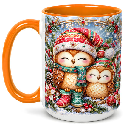 #pl[15oz|Orange] Christmas Owl Pair Coffee Mug, Festive Owl Mug, Ceramic Cup