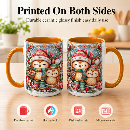 #pl[15oz|Orange] Christmas Owl Pair Coffee Mug, Festive Owl Mug, Ceramic Cup