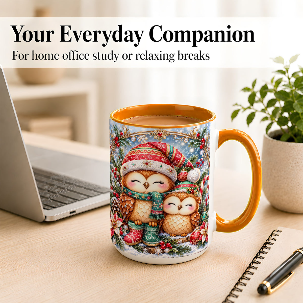 #pl[15oz|Orange] Christmas Owl Pair Coffee Mug, Festive Owl Mug, Ceramic Cup