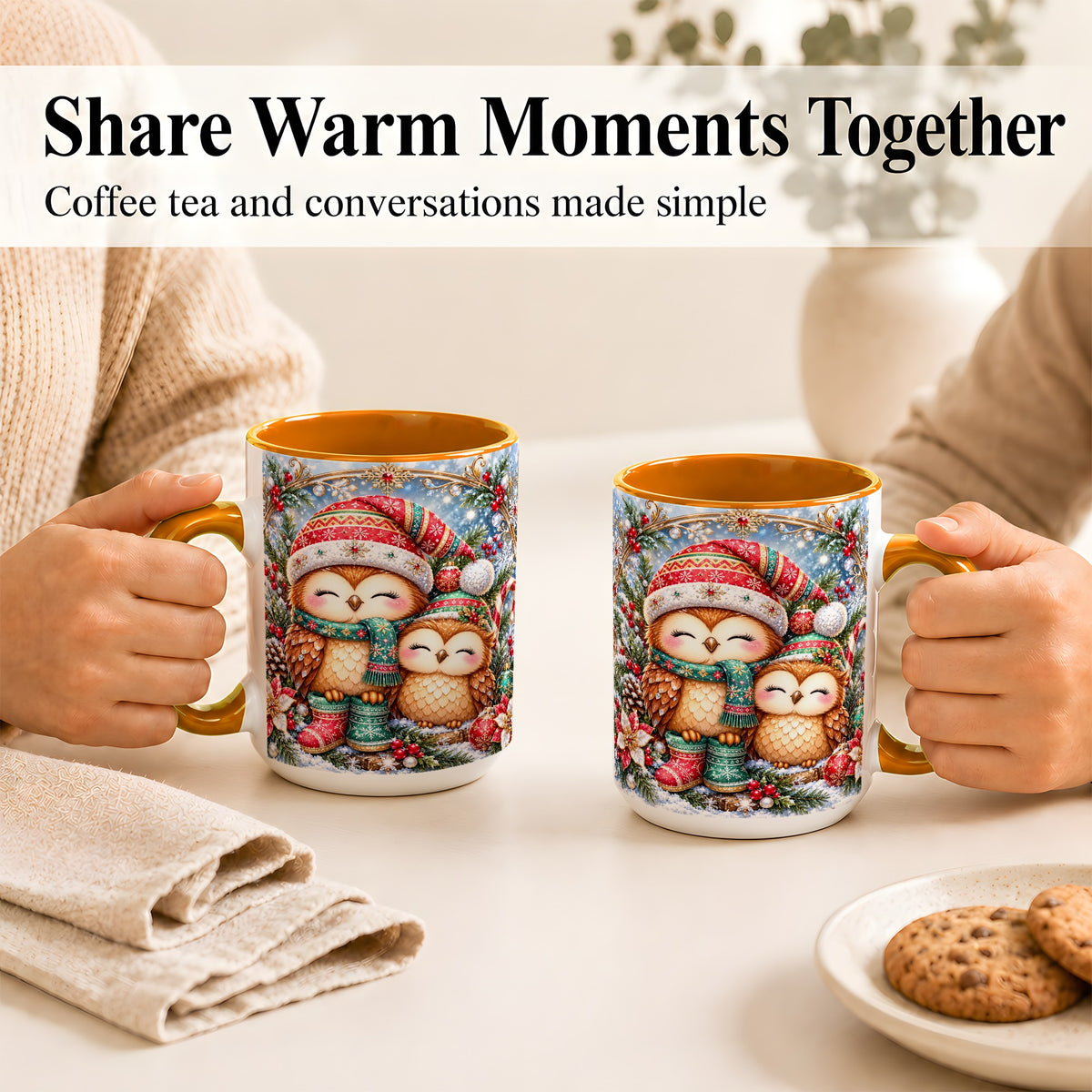 #pl[15oz|Orange] Christmas Owl Pair Coffee Mug, Festive Owl Mug, Ceramic Cup