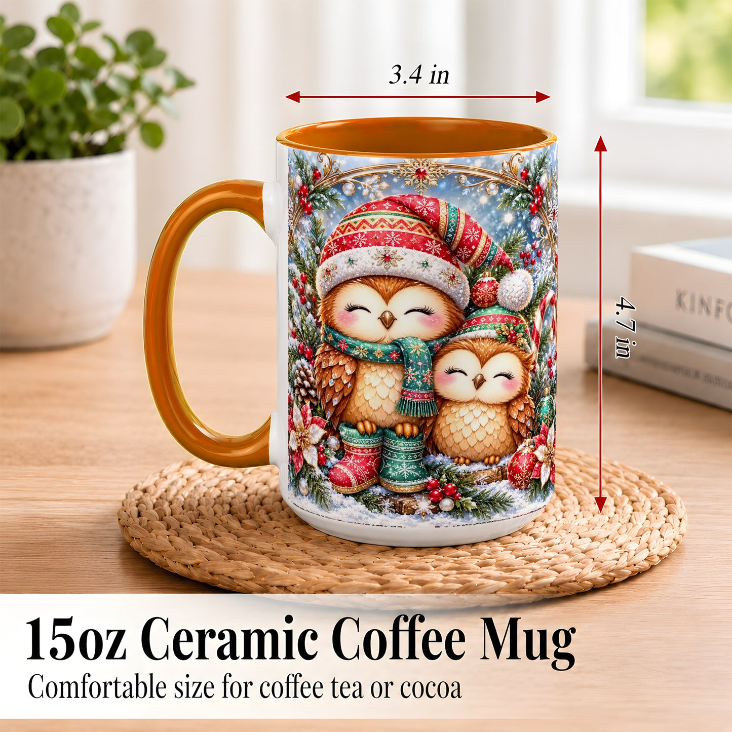 #pl[15oz|Orange] Christmas Owl Pair Coffee Mug, Festive Owl Mug, Ceramic Cup