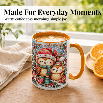 #pl[15oz|Orange] Christmas Owl Pair Coffee Mug, Festive Owl Mug, Ceramic Cup