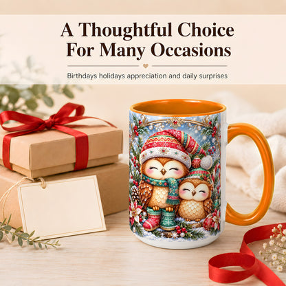 #pl[15oz|Orange] Christmas Owl Pair Coffee Mug, Festive Owl Mug, Ceramic Cup