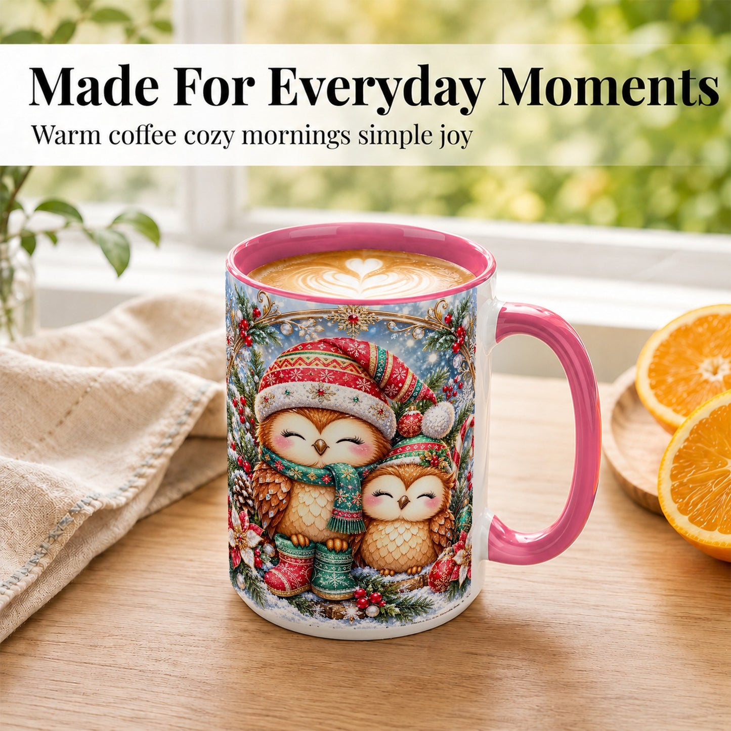 #pl[15oz|Pink] Christmas Owl Pair Coffee Mug, Festive Owl Mug, Ceramic Cup