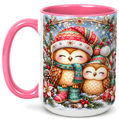 #pl[15oz|Pink] Christmas Owl Pair Coffee Mug, Festive Owl Mug, Ceramic Cup