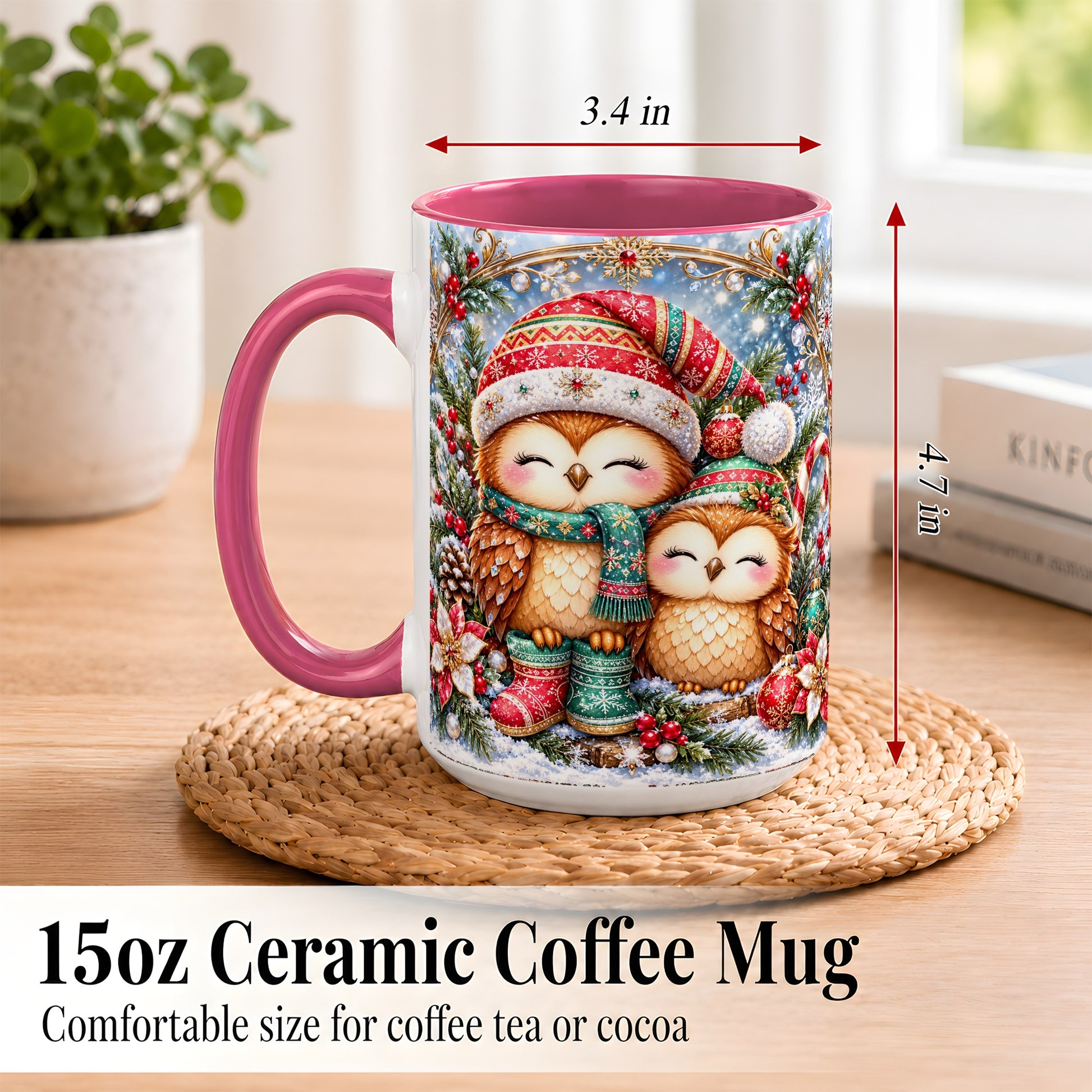 #pl[15oz|Pink] Christmas Owl Pair Coffee Mug, Festive Owl Mug, Ceramic Cup