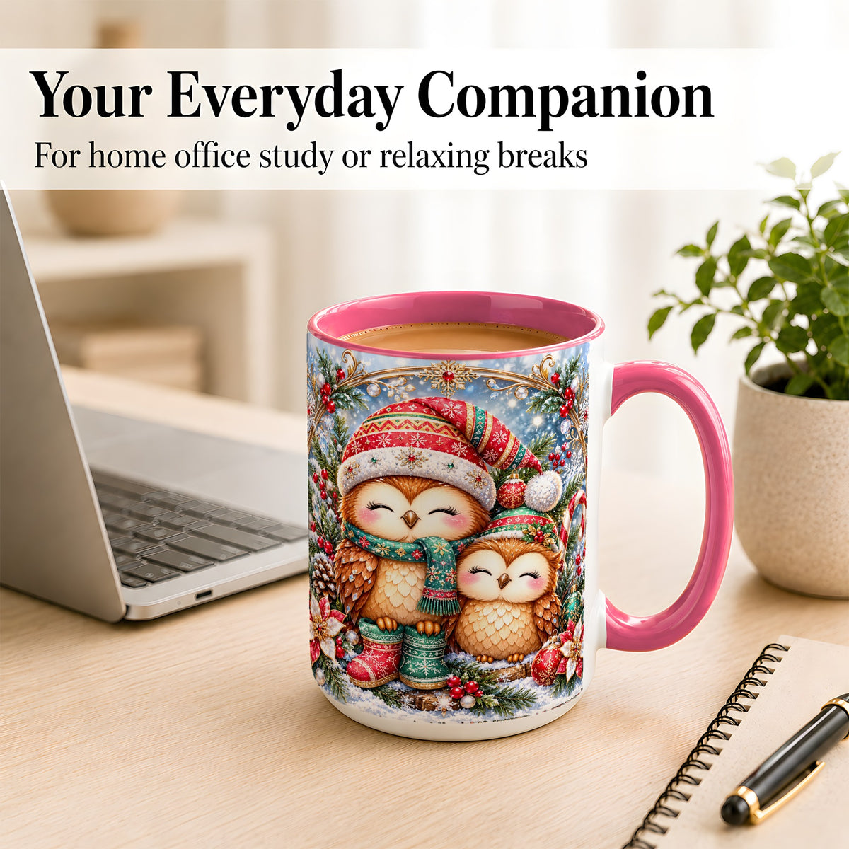 #pl[15oz|Pink] Christmas Owl Pair Coffee Mug, Festive Owl Mug, Ceramic Cup