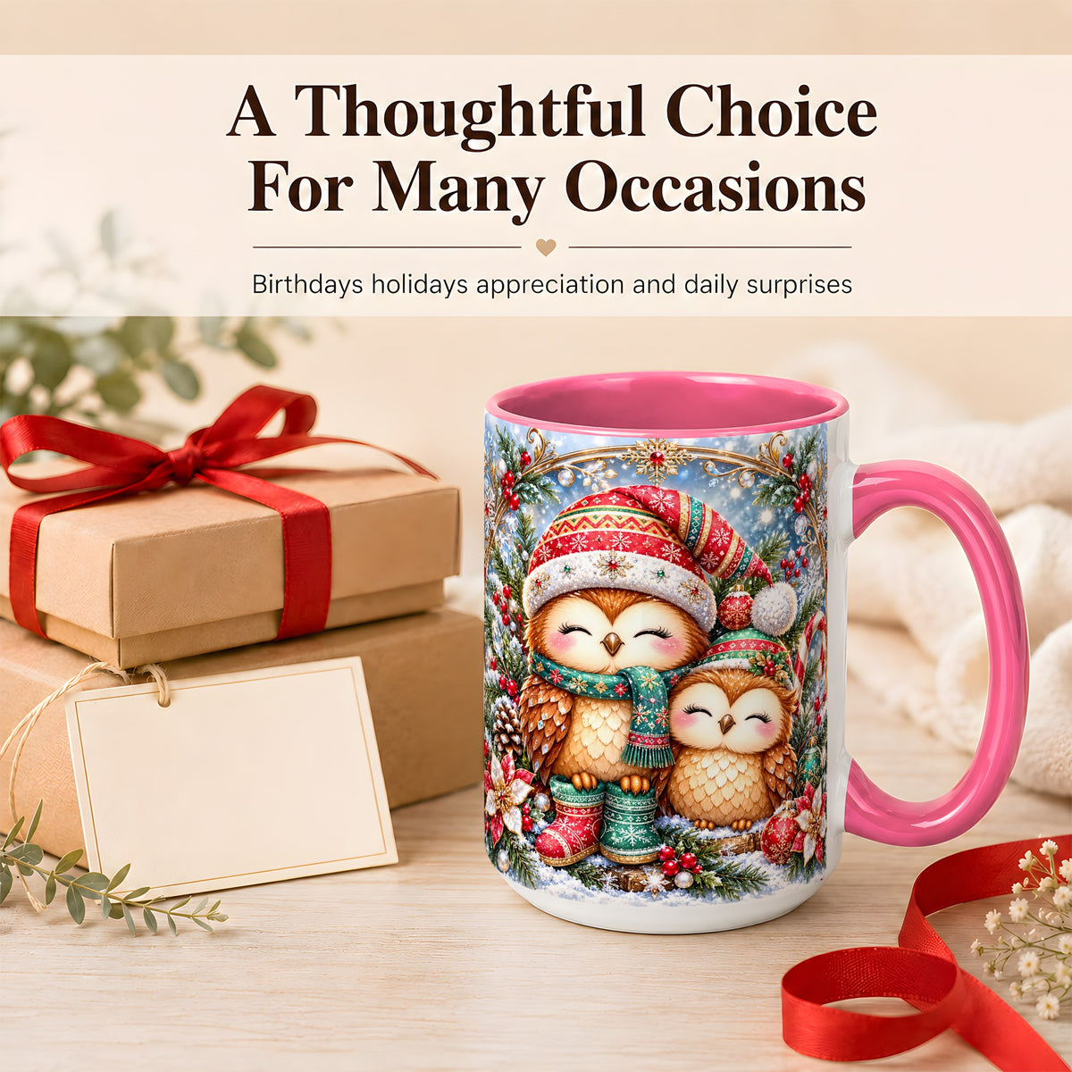 #pl[15oz|Pink] Christmas Owl Pair Coffee Mug, Festive Owl Mug, Ceramic Cup