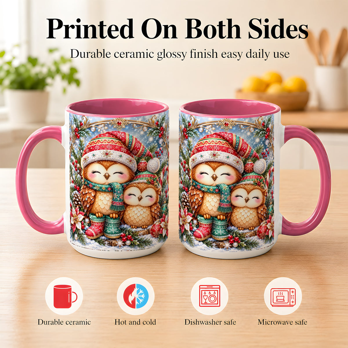 #pl[15oz|Pink] Christmas Owl Pair Coffee Mug, Festive Owl Mug, Ceramic Cup