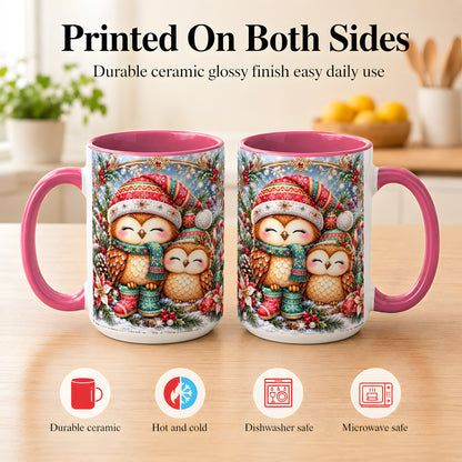 #pl[15oz|Pink] Christmas Owl Pair Coffee Mug, Festive Owl Mug, Ceramic Cup