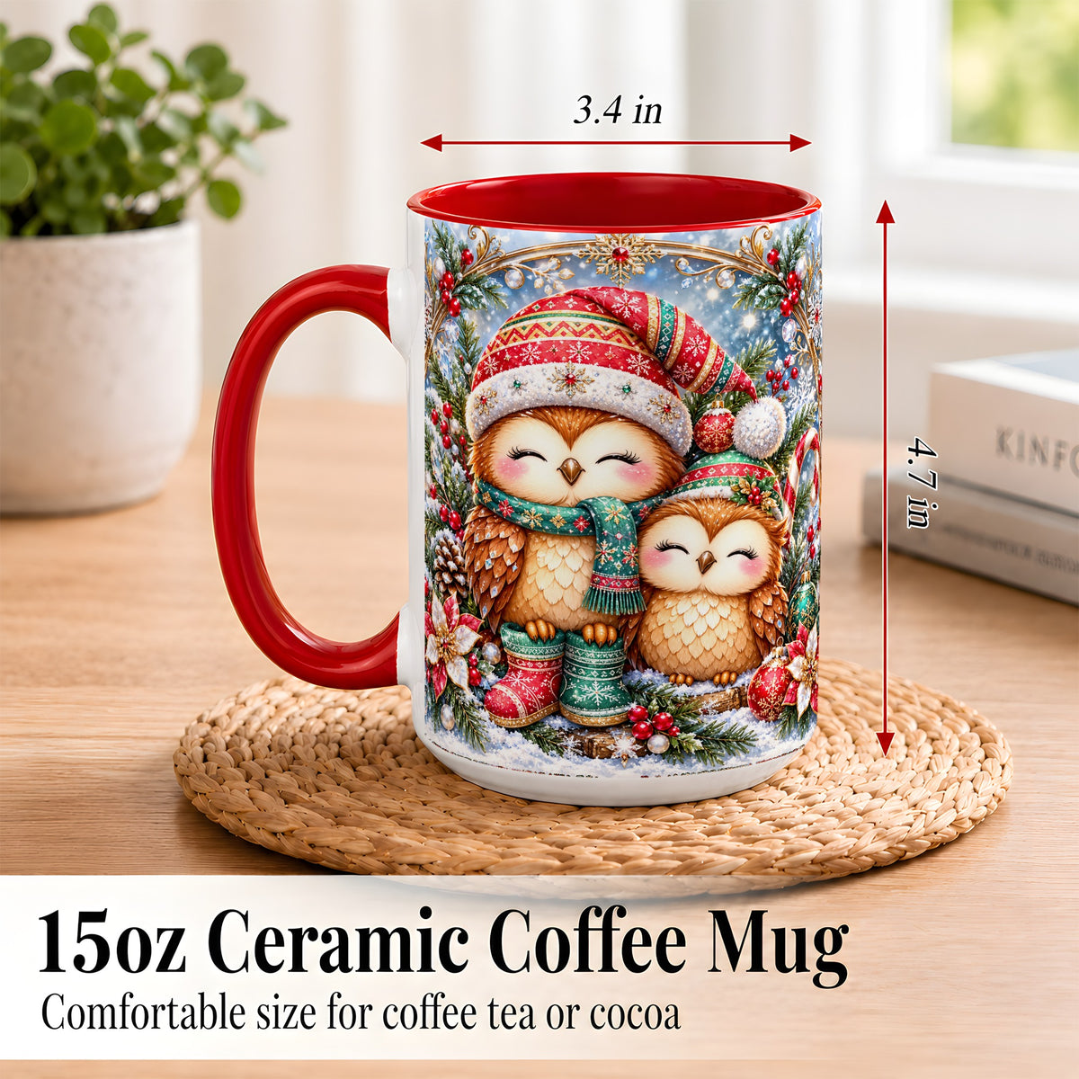 #pl[15oz|Red] Christmas Owl Pair Coffee Mug, Festive Owl Mug, Ceramic Cup