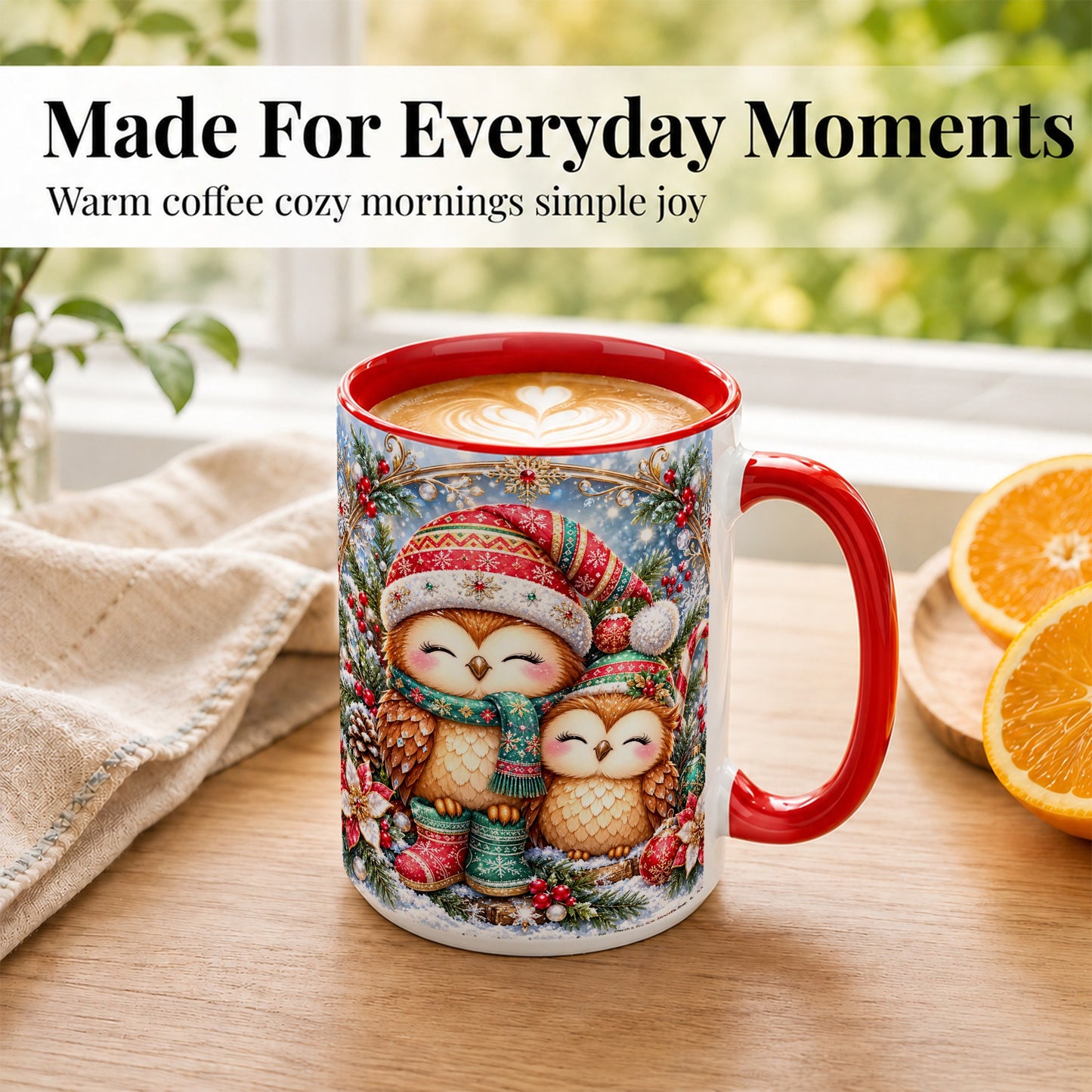 #pl[15oz|Red] Christmas Owl Pair Coffee Mug, Festive Owl Mug, Ceramic Cup