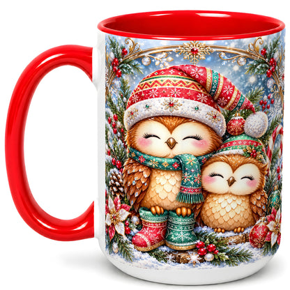 #pl[15oz|Red] Christmas Owl Pair Coffee Mug, Festive Owl Mug, Ceramic Cup