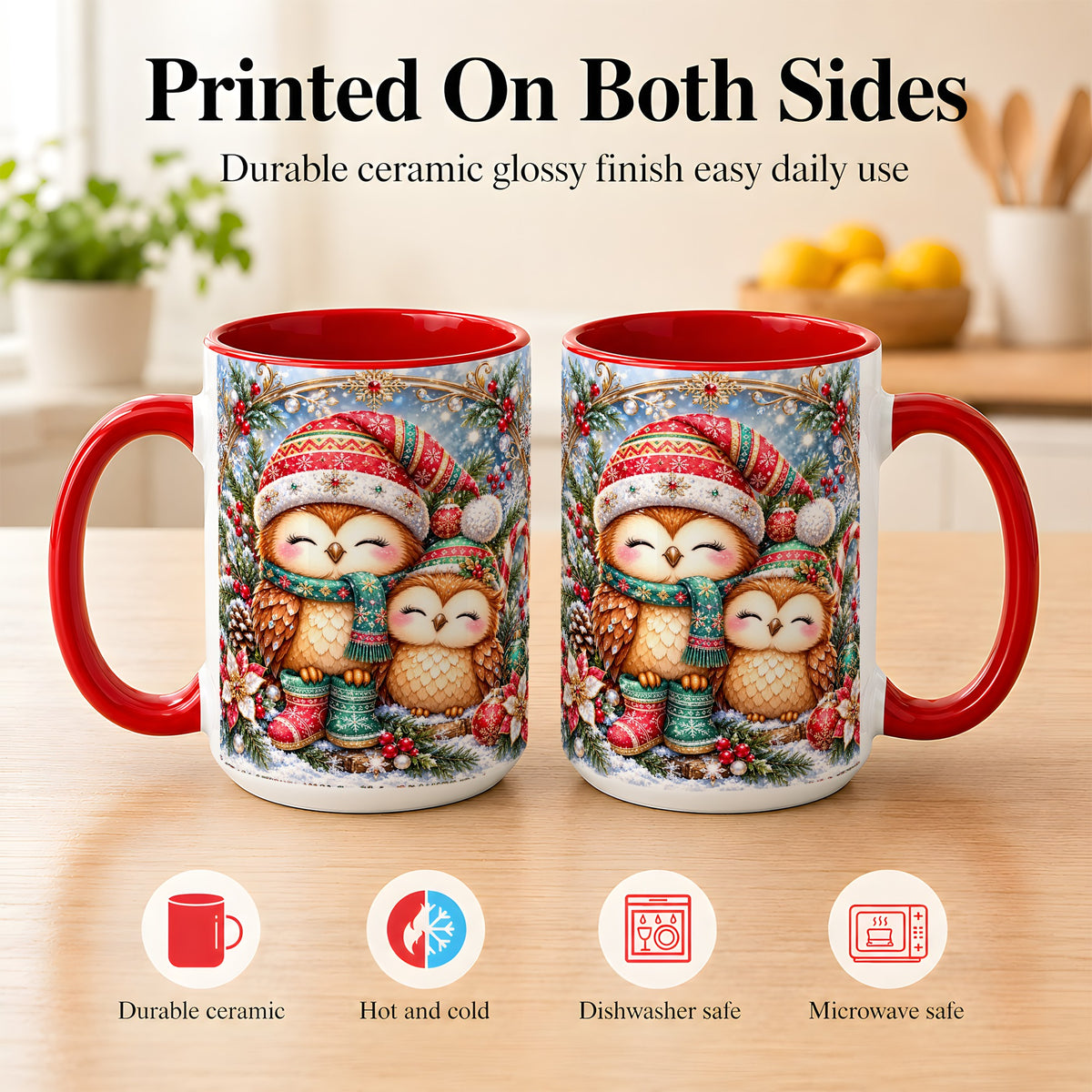 #pl[15oz|Red] Christmas Owl Pair Coffee Mug, Festive Owl Mug, Ceramic Cup