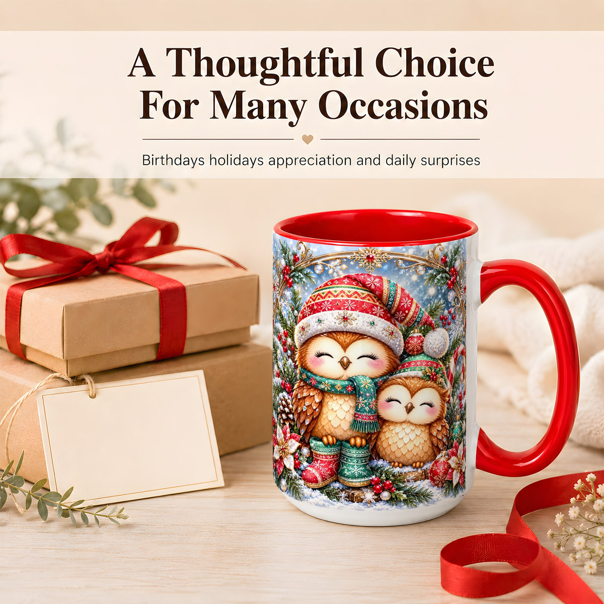 #pl[15oz|Red] Christmas Owl Pair Coffee Mug, Festive Owl Mug, Ceramic Cup