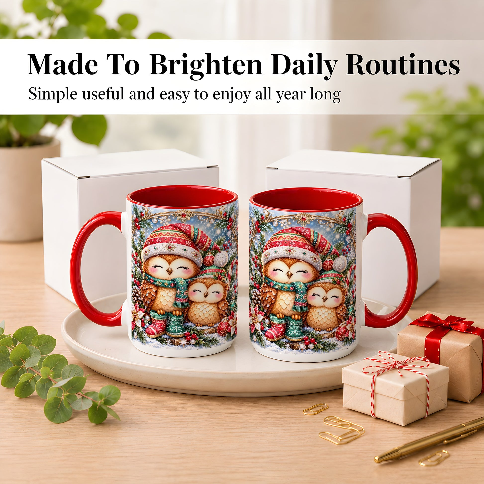 #pl[15oz|Red] Christmas Owl Pair Coffee Mug, Festive Owl Mug, Ceramic Cup