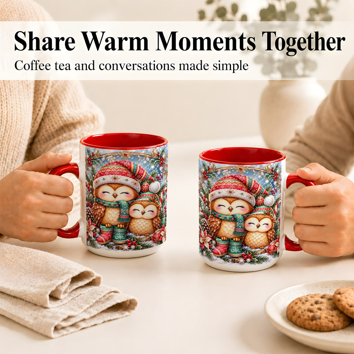 #pl[15oz|Red] Christmas Owl Pair Coffee Mug, Festive Owl Mug, Ceramic Cup