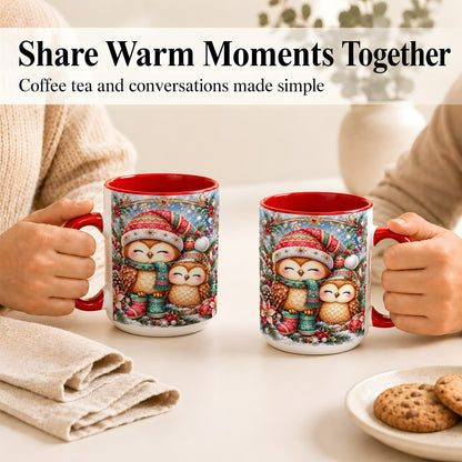 #pl[15oz|Red] Christmas Owl Pair Coffee Mug, Festive Owl Mug, Ceramic Cup