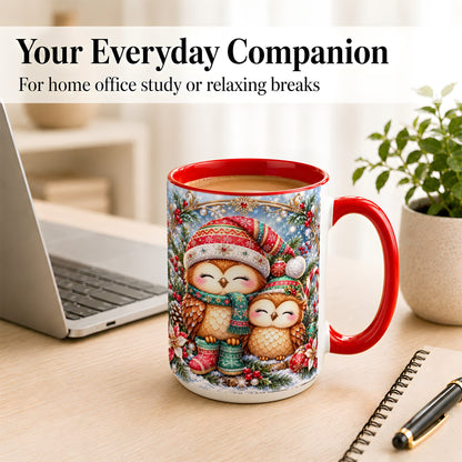 #pl[15oz|Red] Christmas Owl Pair Coffee Mug, Festive Owl Mug, Ceramic Cup