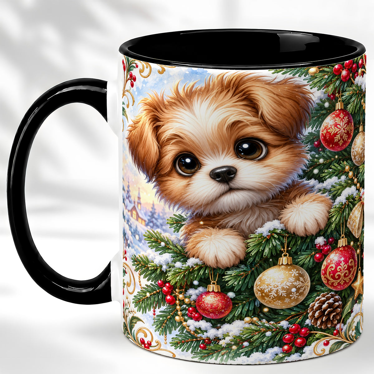 #pl[11oz|Black] Christmas Puppy Coffee Mug, Festive Dog Mug, Ceramic Cup