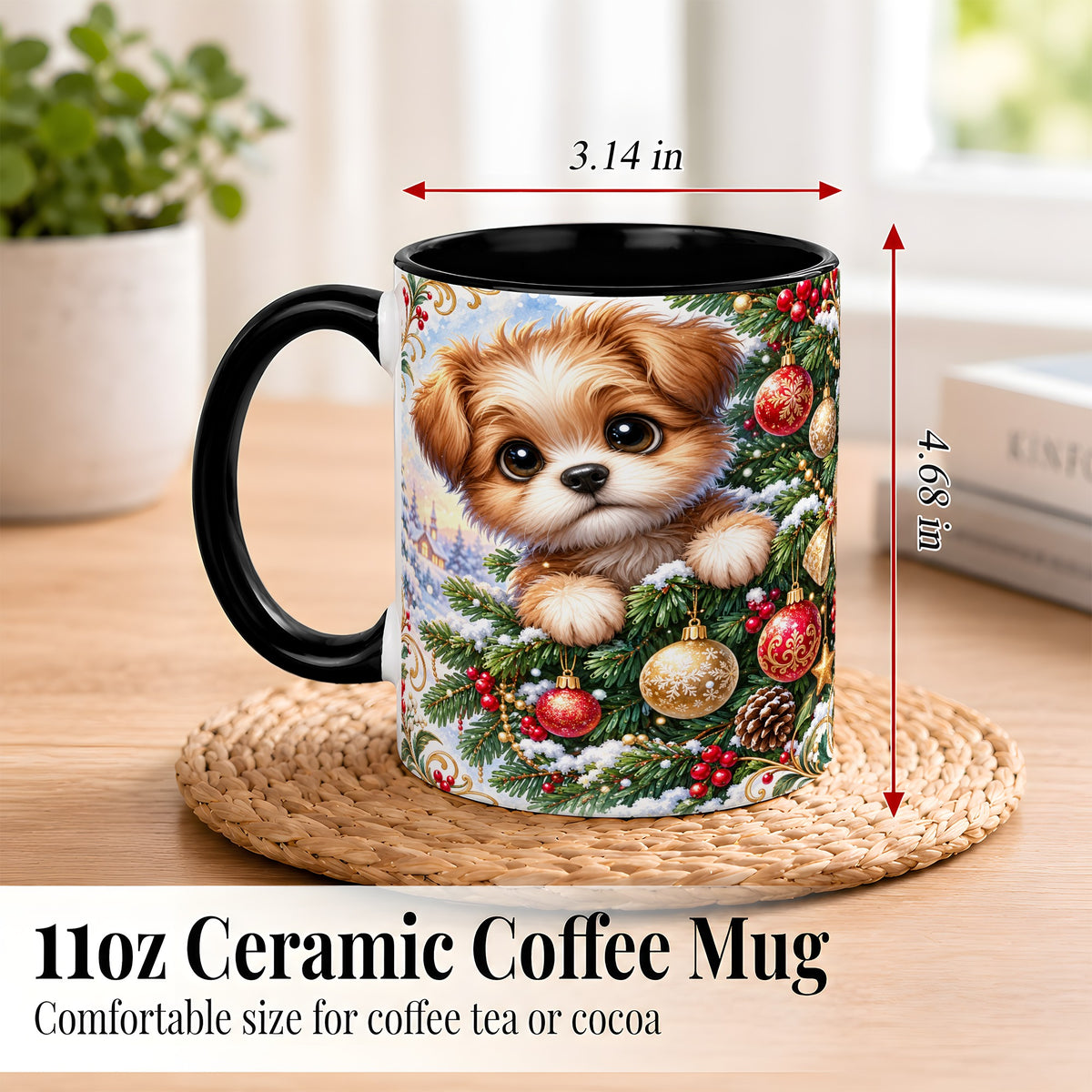 #pl[11oz|Black] Christmas Puppy Coffee Mug, Festive Dog Mug, Ceramic Cup