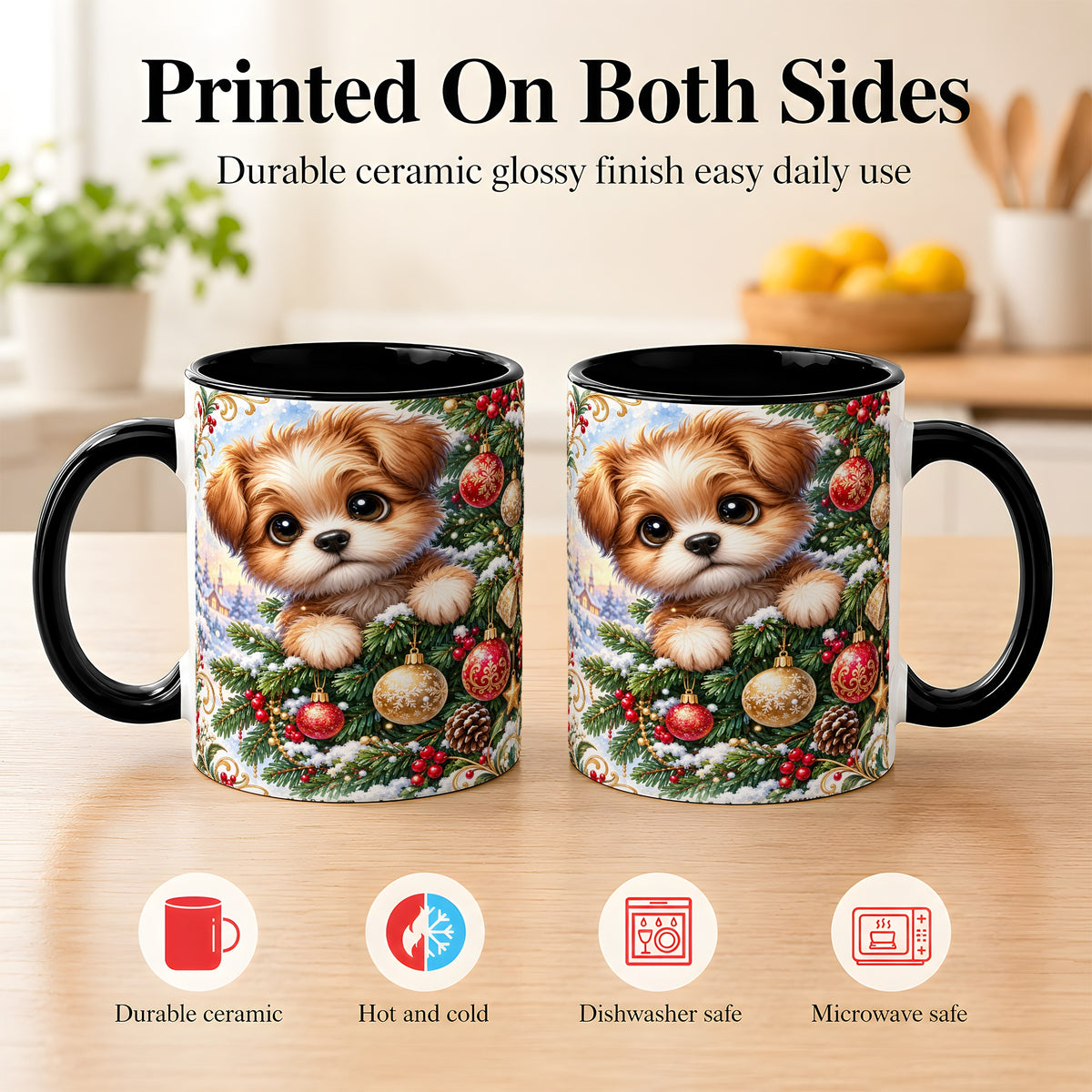 #pl[11oz|Black] Christmas Puppy Coffee Mug, Festive Dog Mug, Ceramic Cup