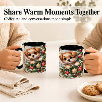 #pl[11oz|Black] Christmas Puppy Coffee Mug, Festive Dog Mug, Ceramic Cup