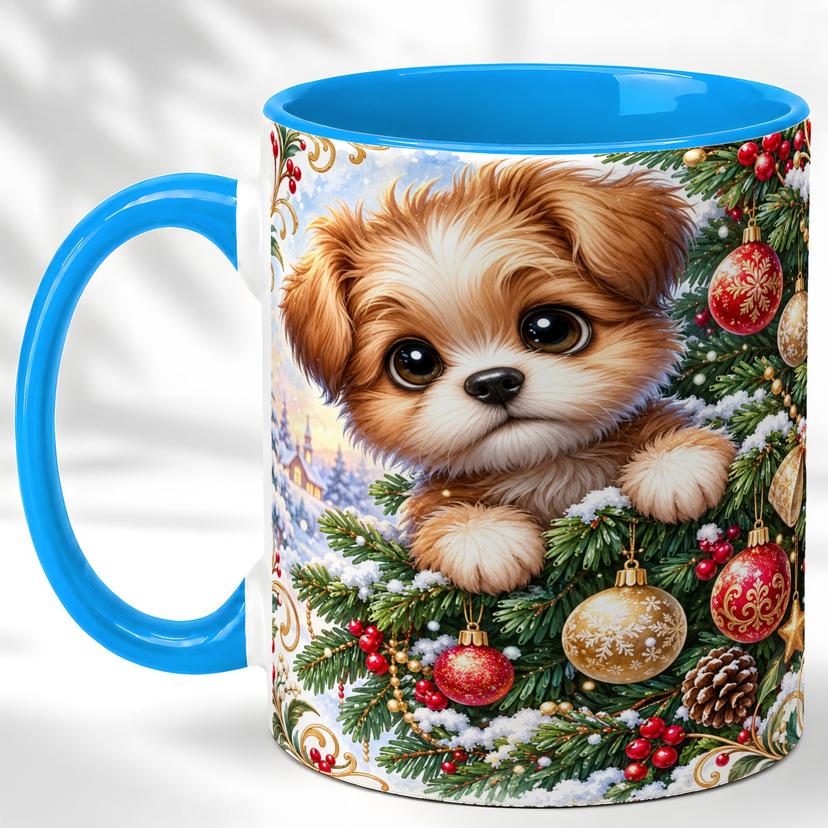 #pl[11oz|Blue] Christmas Puppy Coffee Mug, Festive Dog Mug, Ceramic Cup