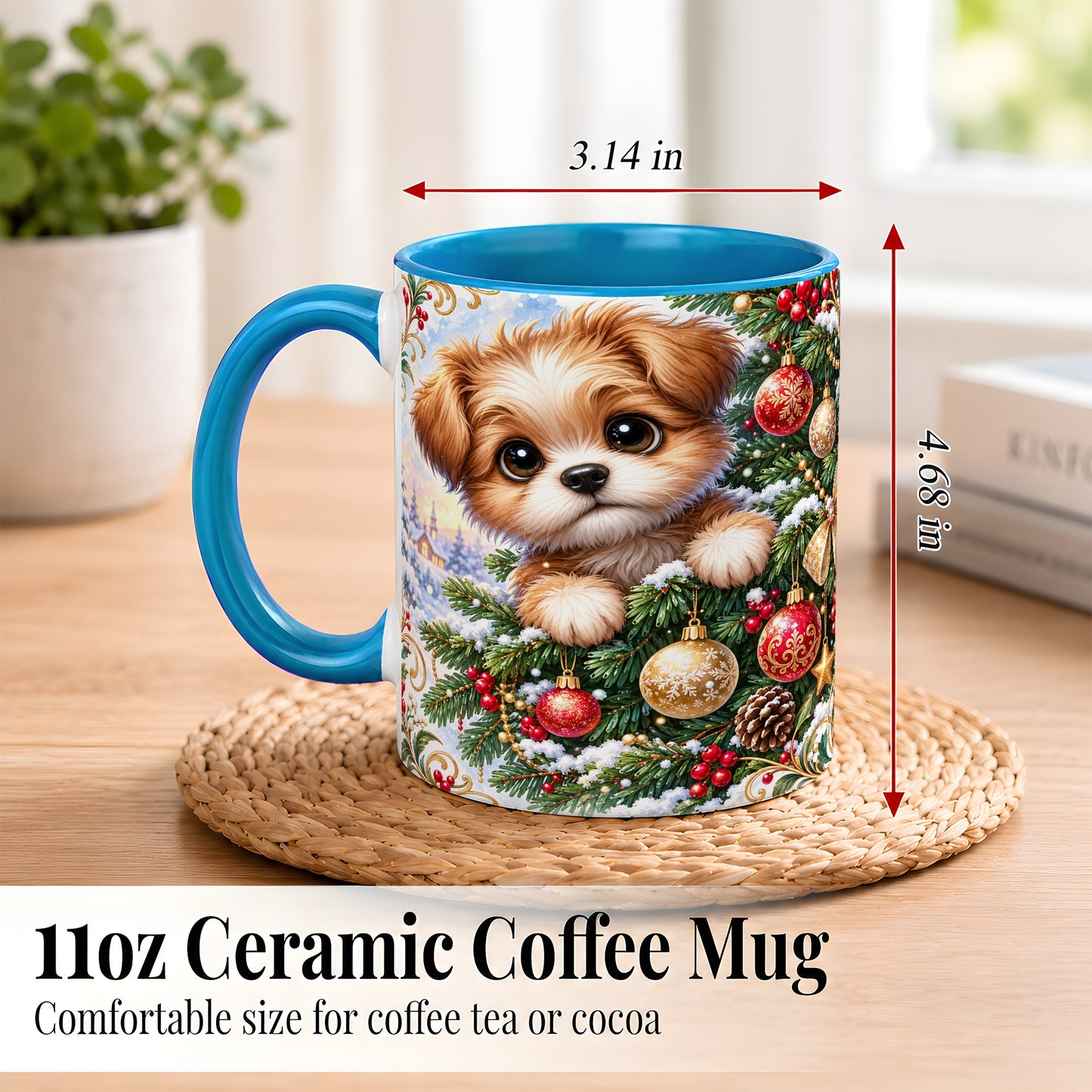 #pl[11oz|Blue] Christmas Puppy Coffee Mug, Festive Dog Mug, Ceramic Cup