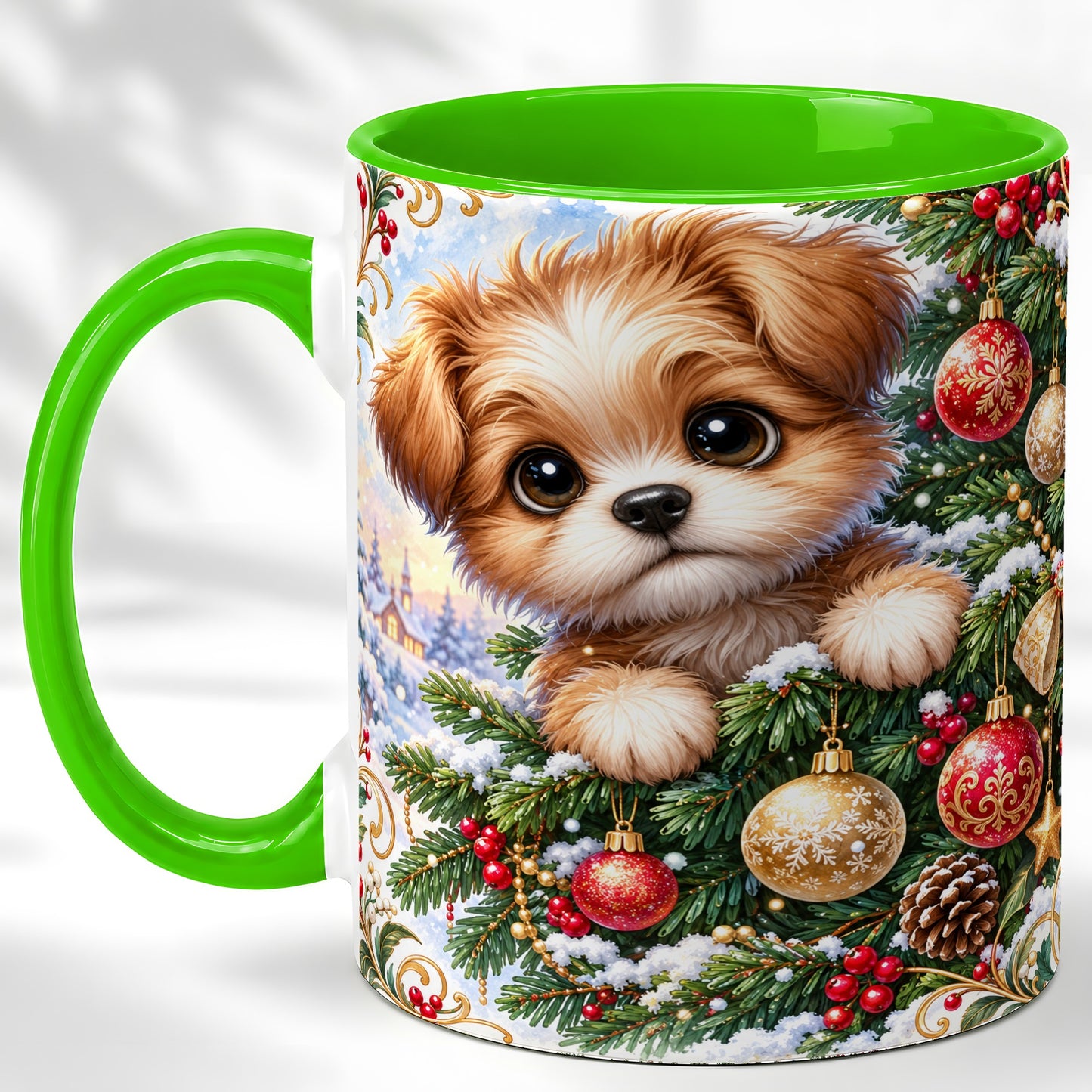 #pl[11oz|Green] Christmas Puppy Coffee Mug, Festive Dog Mug, Ceramic Cup